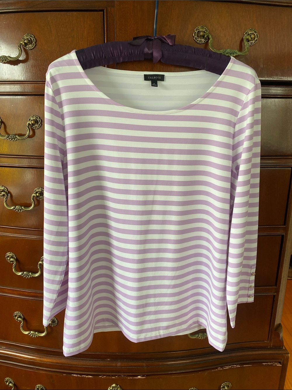 Talbots Lilac and White Striped 3/4 Sleeve Scoop Neck Top